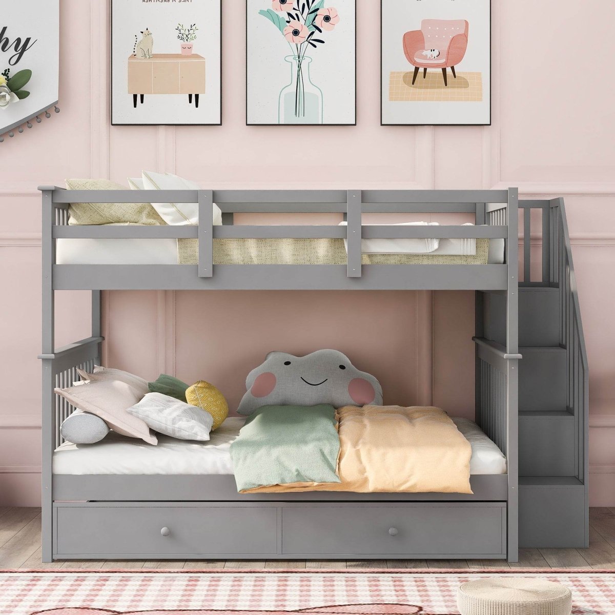 Full Over Full Solid Wood Bunk Bed With Trundle - Driftwood - Sleep Galleria