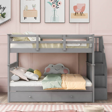 Full Over Full Solid Wood Bunk Bed With Trundle - Driftwood - Sleep Galleria