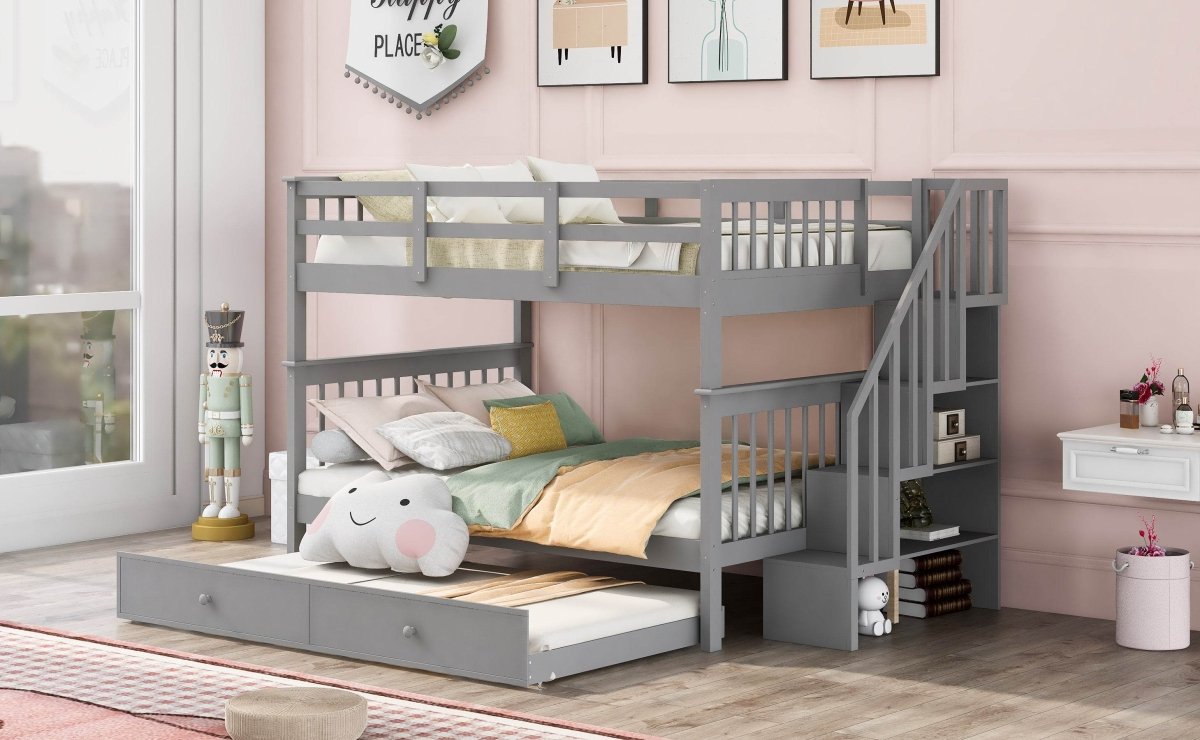 Full Over Full Solid Wood Bunk Bed With Trundle - Driftwood - Sleep Galleria
