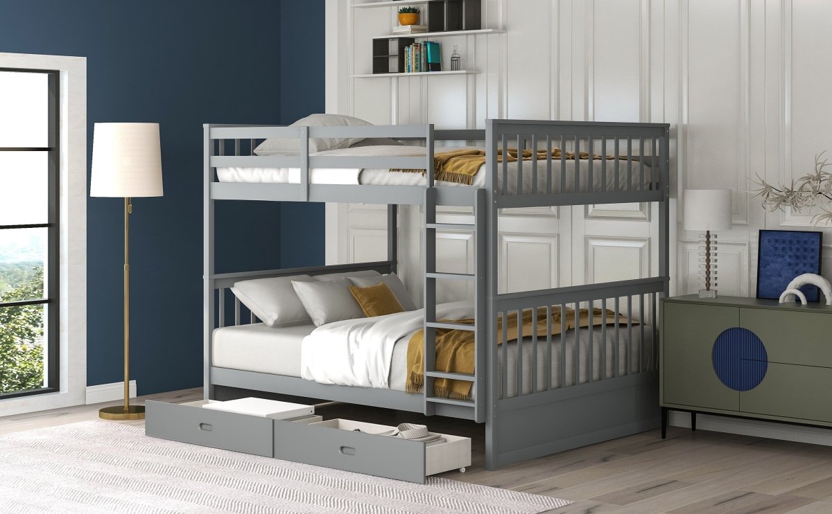 Full - Over - Full Solid Wood Gray Bunk Bed With Storage Drawers - Driftwood - Sleep Galleria