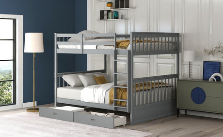 Full - Over - Full Solid Wood Gray Bunk Bed With Storage Drawers - Driftwood - Sleep Galleria