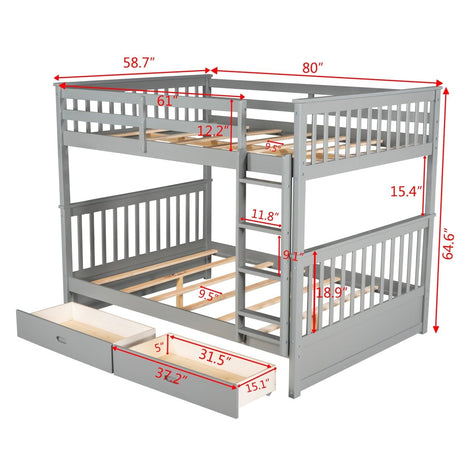 Full - Over - Full Solid Wood Gray Bunk Bed With Storage Drawers - Driftwood - Sleep Galleria