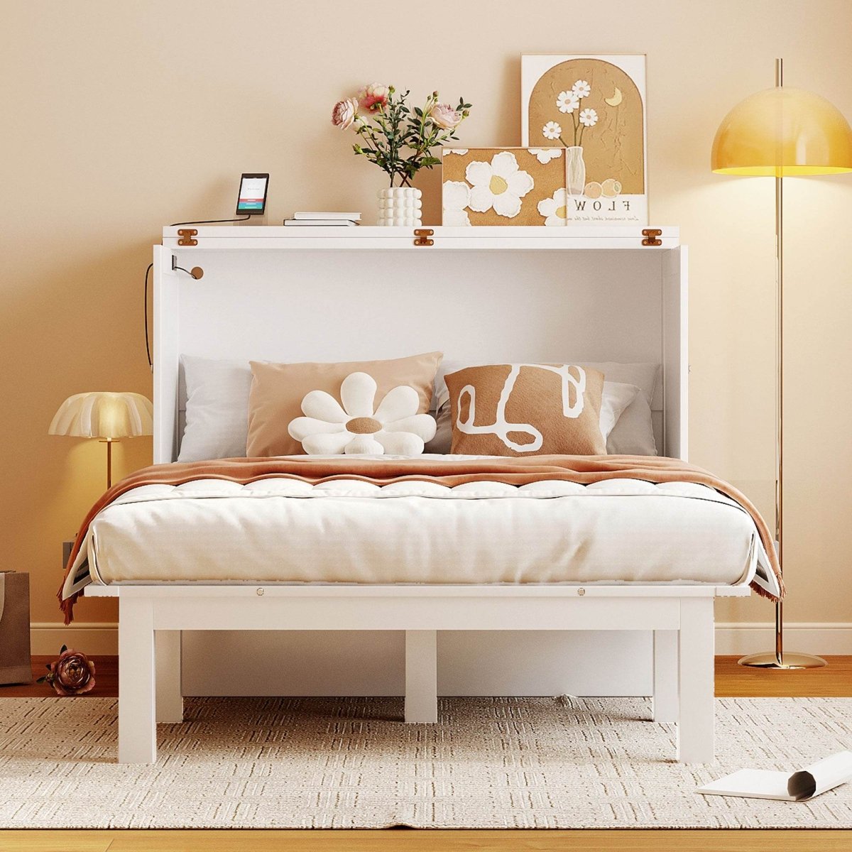 Full Size Murphy Bed With USB Port And Shelves - Driftwood - Sleep Galleria