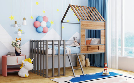House - Shaped Metal Twin Loft Bunk Bed Frame - Driftwood - Sleep Galleria
