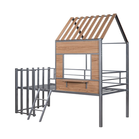 House - Shaped Metal Twin Loft Bunk Bed Frame - Driftwood - Sleep Galleria
