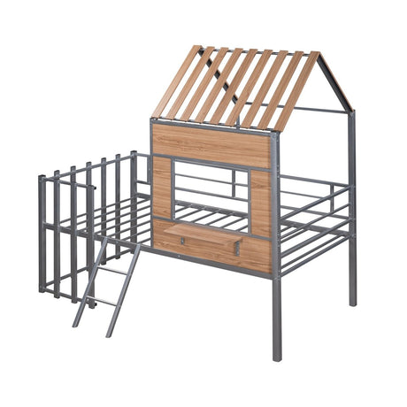 House - Shaped Metal Twin Loft Bunk Bed Frame - Driftwood - Sleep Galleria