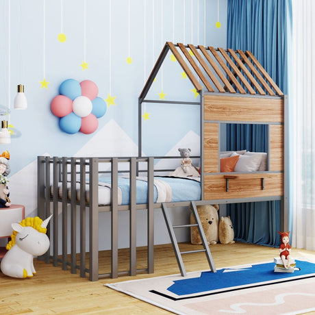 House - Shaped Metal Twin Loft Bunk Bed Frame - Driftwood - Sleep Galleria