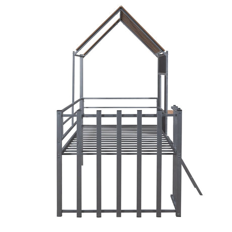 House - Shaped Metal Twin Loft Bunk Bed Frame - Driftwood - Sleep Galleria