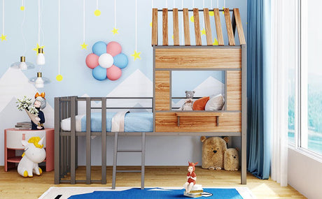 House - Shaped Metal Twin Loft Bunk Bed Frame - Driftwood - Sleep Galleria