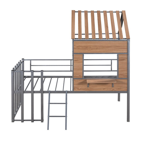 House - Shaped Metal Twin Loft Bunk Bed Frame - Driftwood - Sleep Galleria