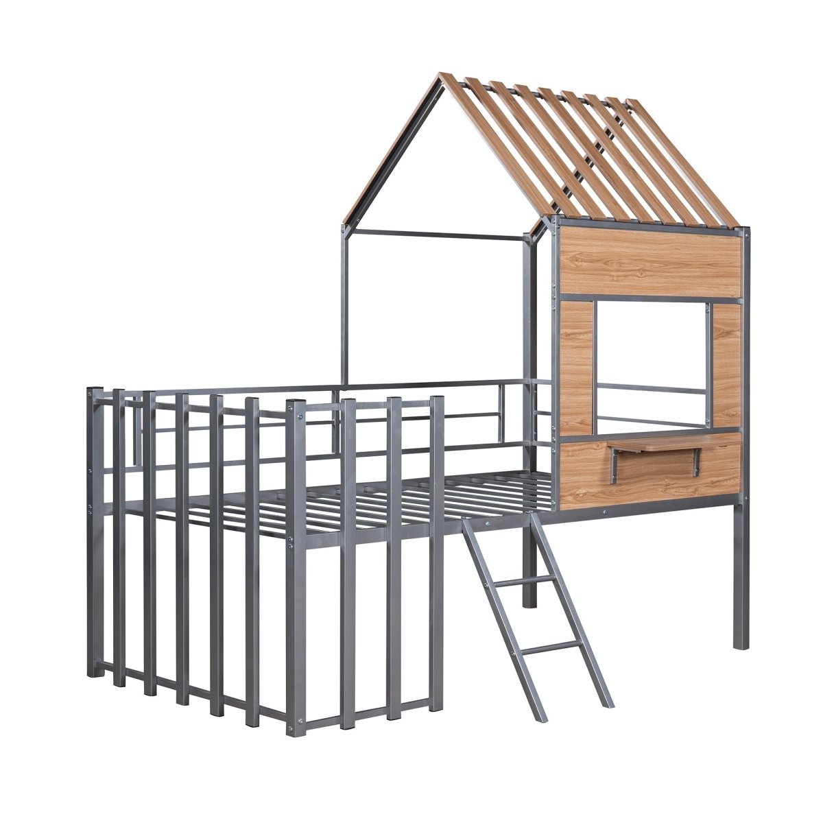 House - Shaped Metal Twin Loft Bunk Bed Frame - Driftwood - Sleep Galleria