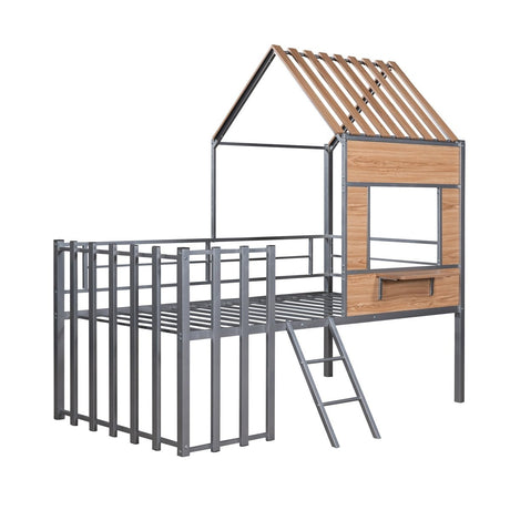 House - Shaped Metal Twin Loft Bunk Bed Frame - Driftwood - Sleep Galleria