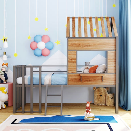 House - Shaped Metal Twin Loft Bunk Bed Frame - Driftwood - Sleep Galleria
