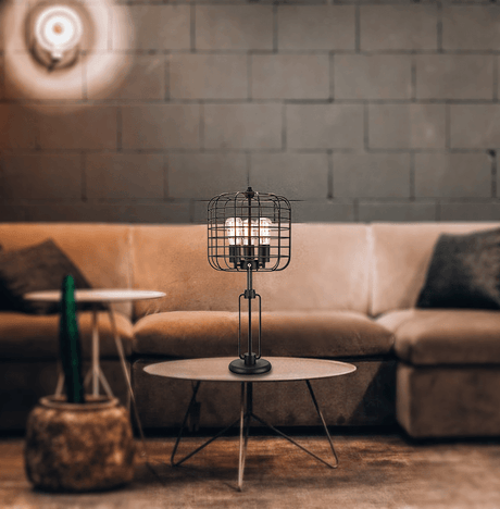 Industrial Black Metal Wire Cage Table Lamp With USB Port - Driftwood - Sleep Galleria