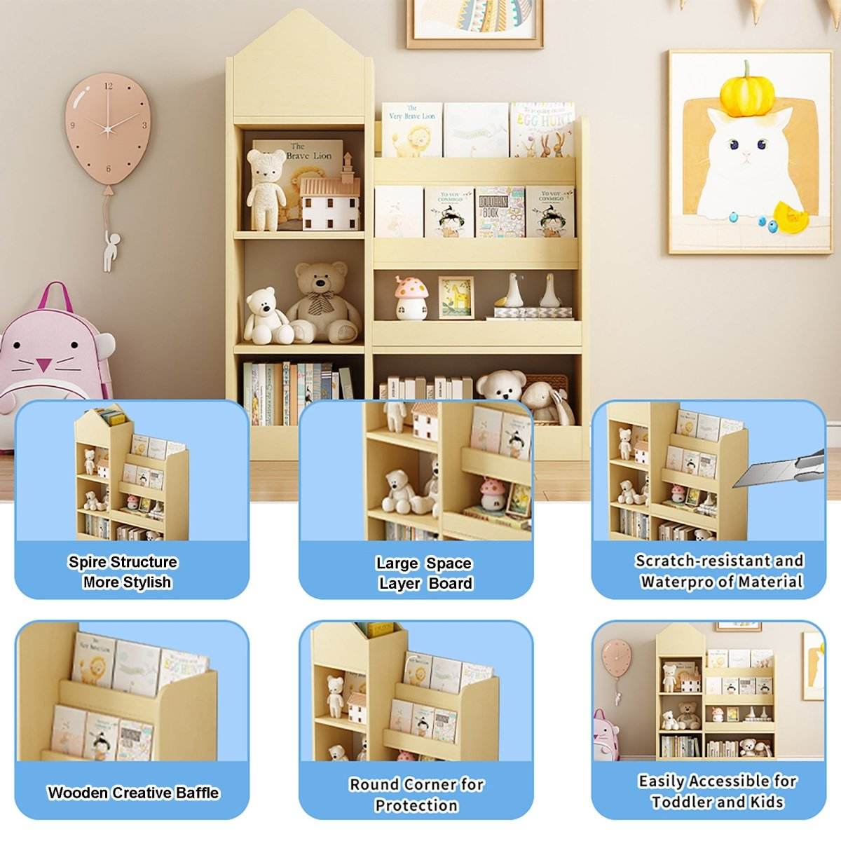 Kids Wooden Bookshelf Storage Organizer With Baskets - Sleep Galleria