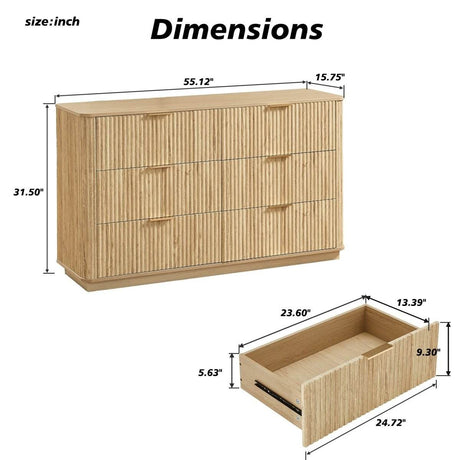 Modern Oak 6-Drawer Dresser With Wave-Textured Panels - Sleep Galleria