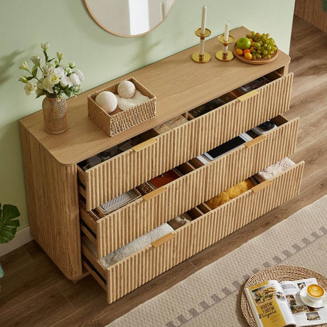 Modern Oak 6-Drawer Dresser With Wave-Textured Panels - Sleep Galleria