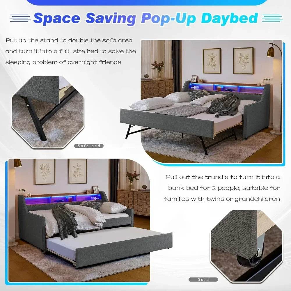 Modern Upholstered Twin Daybed With Wireless Charger Trundle - Driftwood - Sleep Galleria