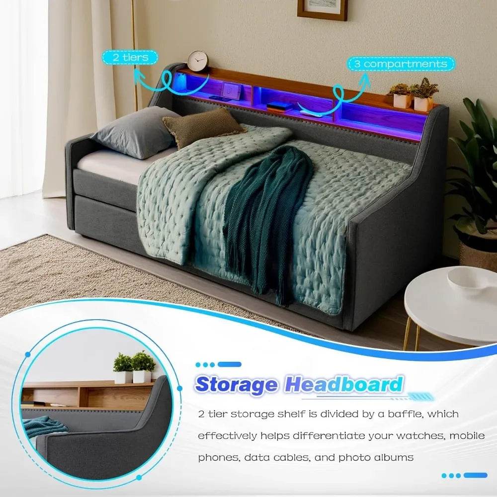 Modern Upholstered Twin Daybed With Wireless Charger Trundle - Driftwood - Sleep Galleria