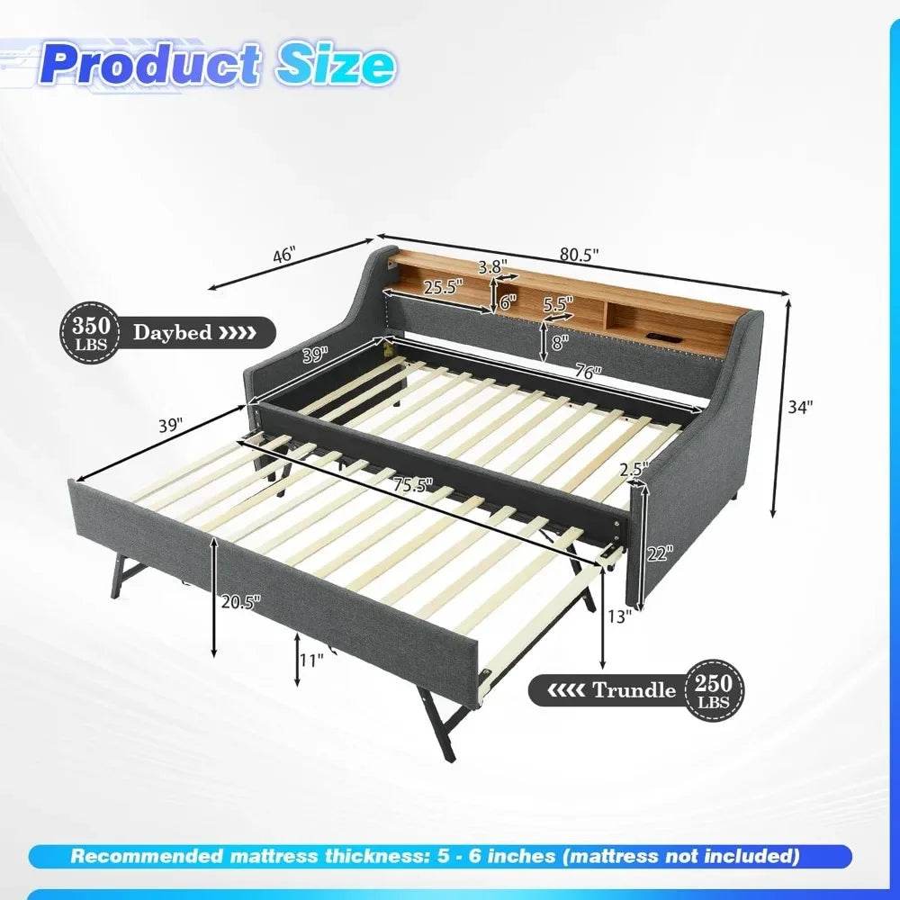 Modern Upholstered Twin Daybed With Wireless Charger Trundle - Driftwood - Sleep Galleria