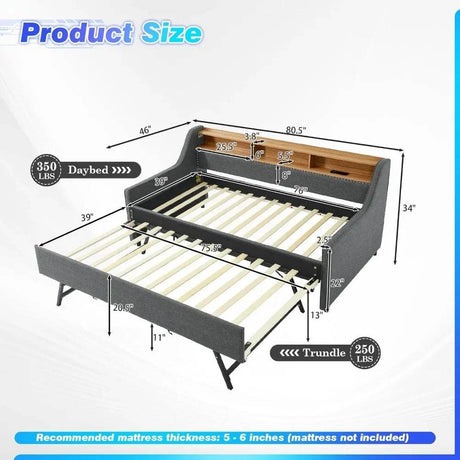 Modern Upholstered Twin Daybed With Wireless Charger Trundle - Driftwood - Sleep Galleria