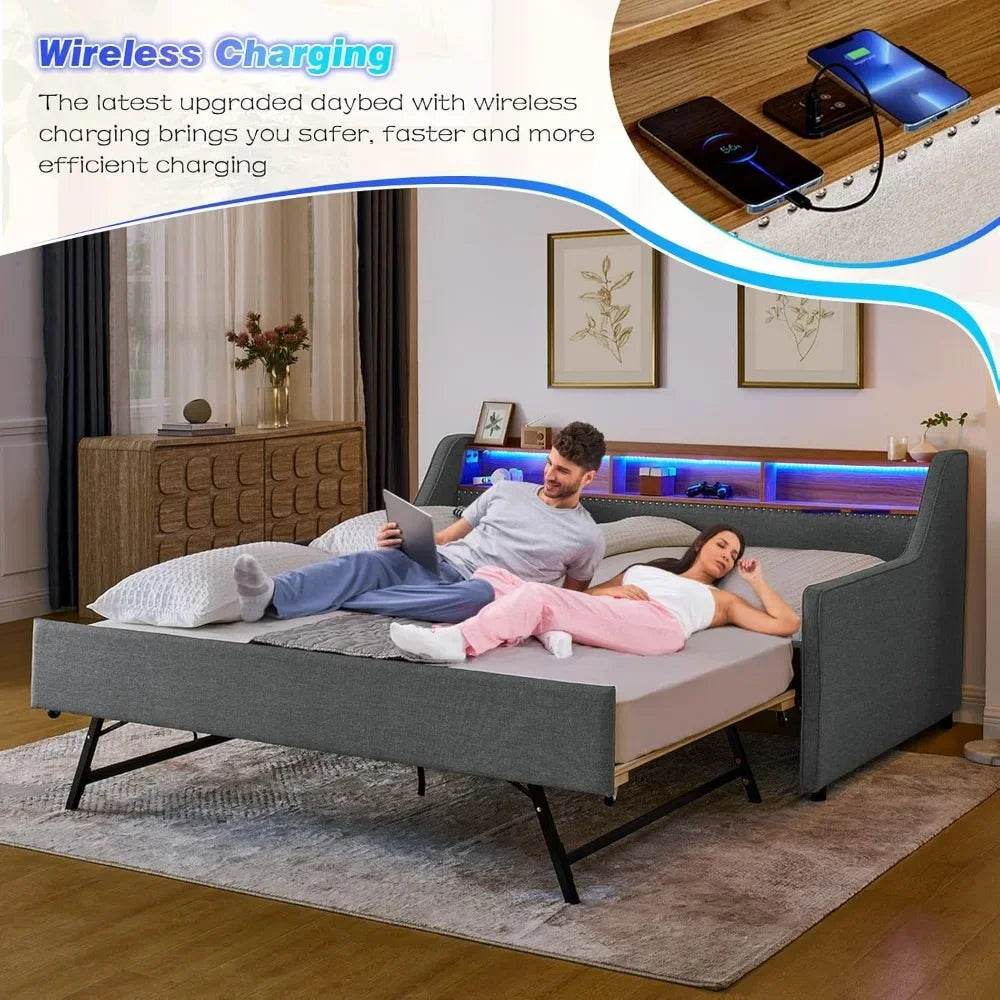 Modern Upholstered Twin Daybed With Wireless Charger Trundle - Driftwood - Sleep Galleria