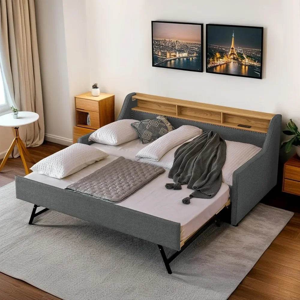 Modern Upholstered Twin Daybed With Wireless Charger Trundle - Driftwood - Sleep Galleria