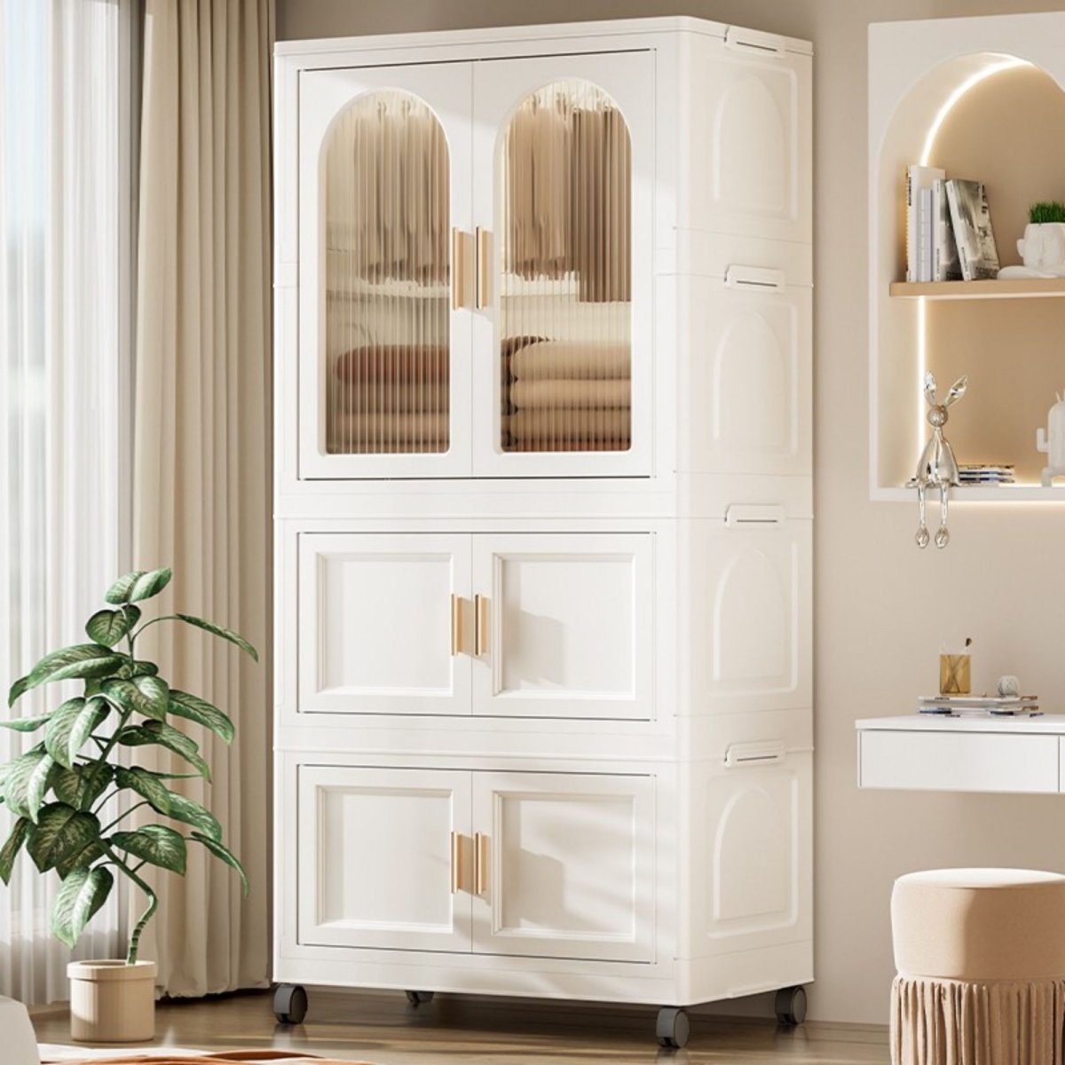 Multi - Functional Folding Plastic Wardrobe Storage Cabinet With Wheels - Driftwood - Sleep Galleria