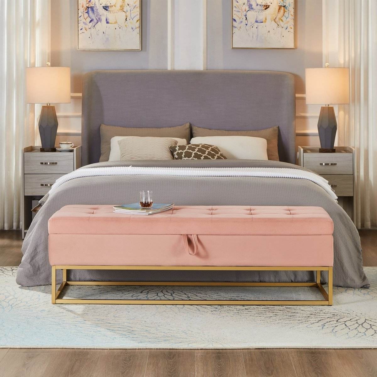 Multifunctional Velvet Storage Bench With Metal Base - Sleep Galleria