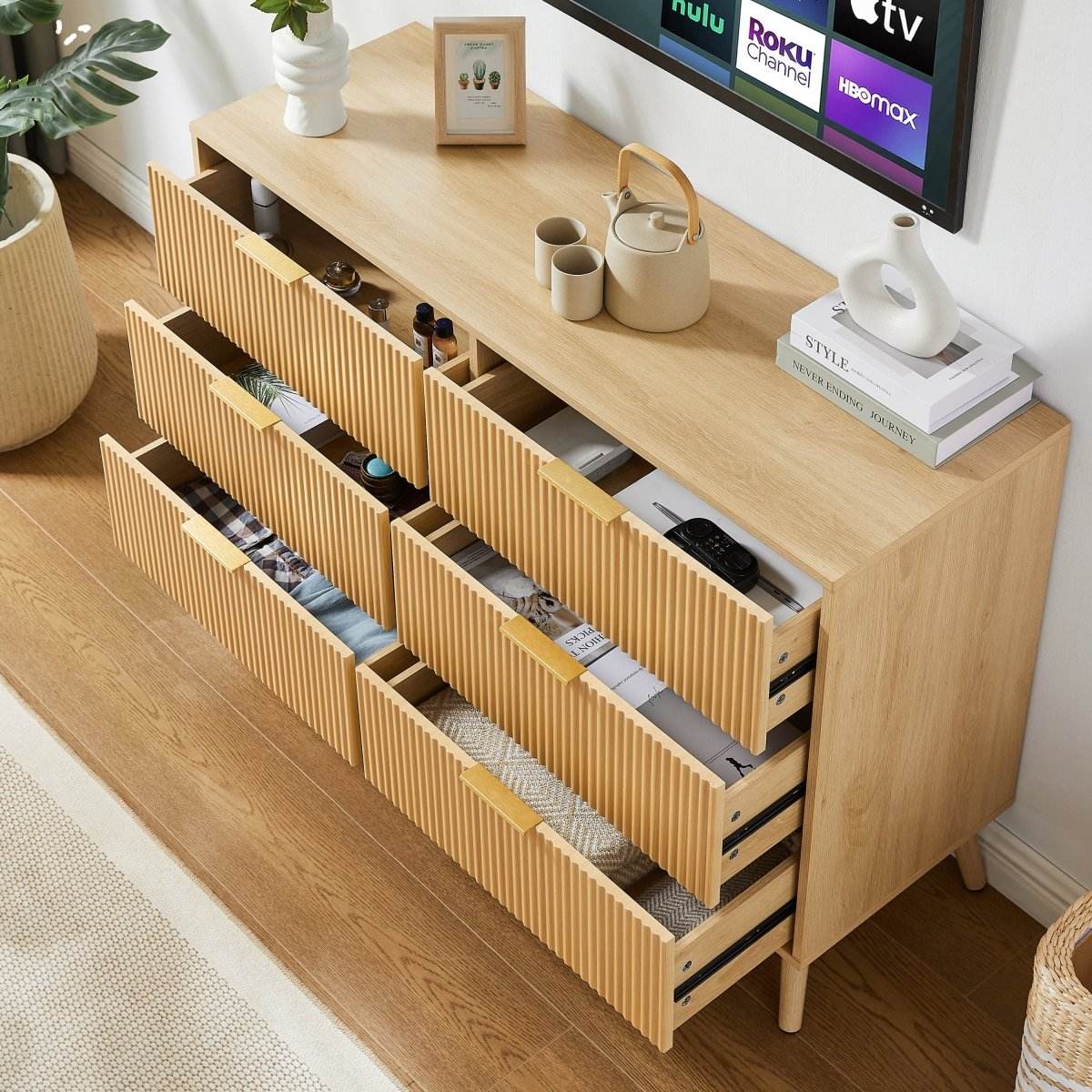 Natural Wave Pattern Particleboard Cabinet With 6 Drawers - Sleep Galleria