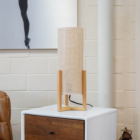 Oak Wood Mid - Century Modern Table Lamp with Rattan Shade - Driftwood - Sleep Galleria
