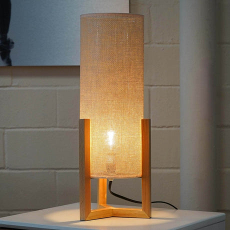 Oak Wood Mid - Century Modern Table Lamp with Rattan Shade - Driftwood - Sleep Galleria