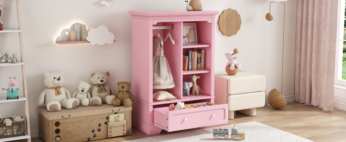Open Children's Wardrobe With Hanging Rod Drawer - Driftwood - Sleep Galleria