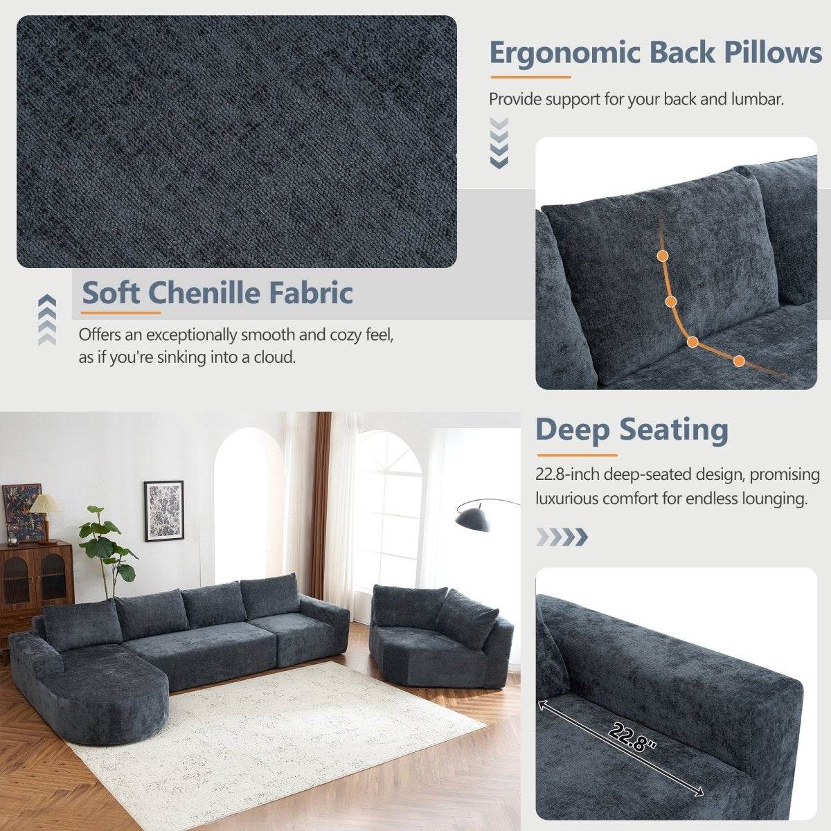 Oversized Modular Sectional Sofa Set Grey Chenille - Sleep Galleria