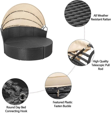 Retractable Canopy Rattan Outdoor Daybed With Cushions - Driftwood - Sleep Galleria