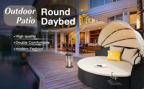 Retractable Canopy Rattan Outdoor Daybed With Cushions - Driftwood - Sleep Galleria