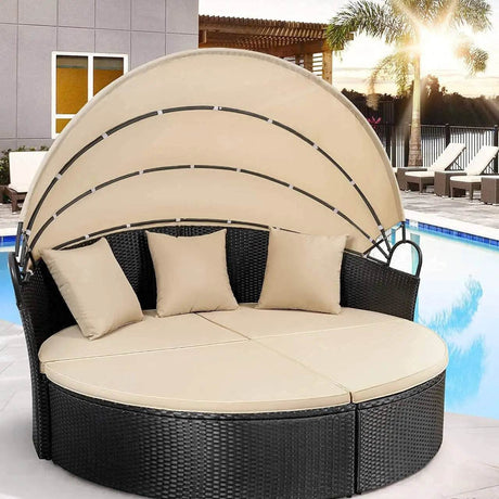Retractable Canopy Rattan Outdoor Daybed With Cushions - Driftwood - Sleep Galleria