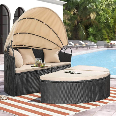 Retractable Canopy Rattan Outdoor Daybed With Cushions - Driftwood - Sleep Galleria