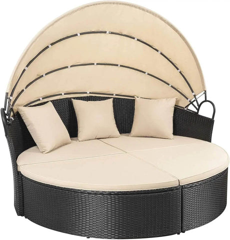 Retractable Canopy Rattan Outdoor Daybed With Cushions - Driftwood - Sleep Galleria