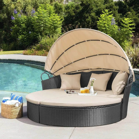 Retractable Canopy Rattan Outdoor Daybed With Cushions - Driftwood - Sleep Galleria