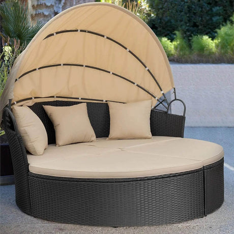 Retractable Canopy Rattan Outdoor Daybed With Cushions - Driftwood - Sleep Galleria