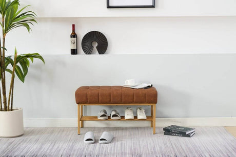 Retro Upholstered Brown Storage Ottoman Bench With Shelf - Sleep Galleria