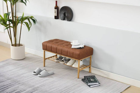 Retro Upholstered Brown Storage Ottoman Bench With Shelf - Sleep Galleria