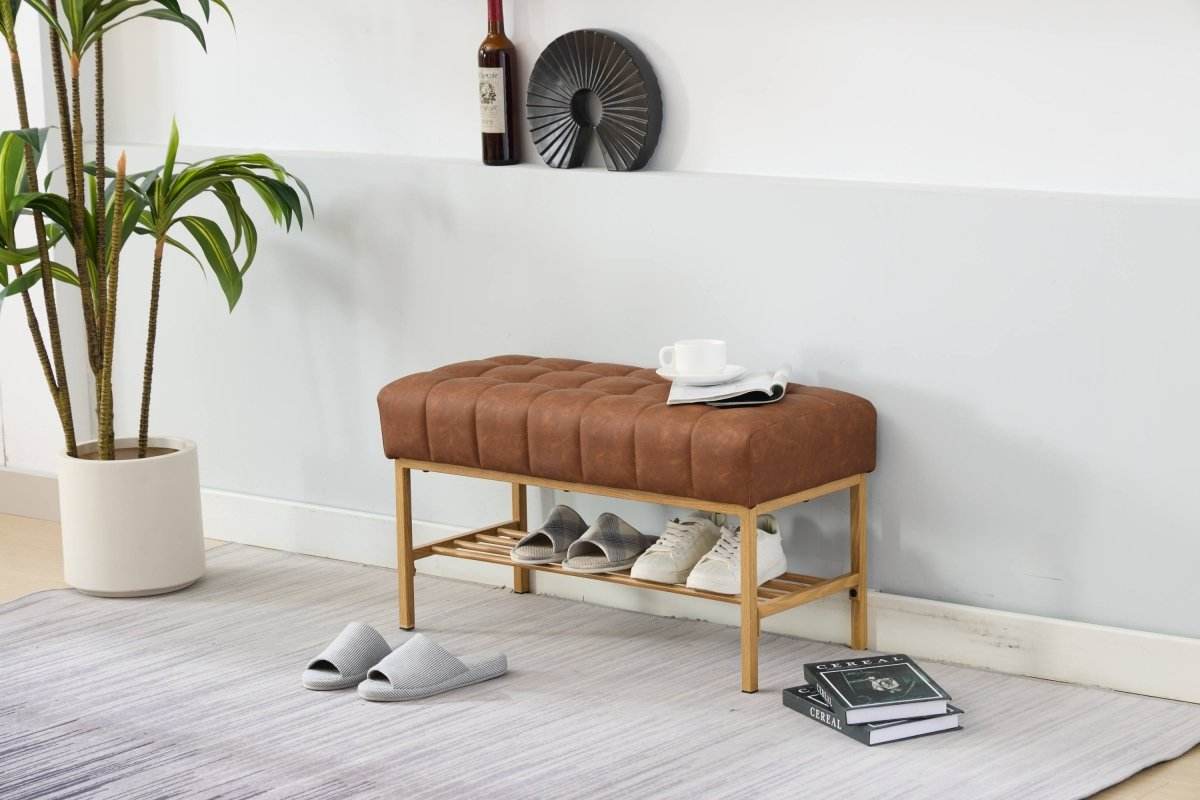Retro Upholstered Brown Storage Ottoman Bench With Shelf - Sleep Galleria