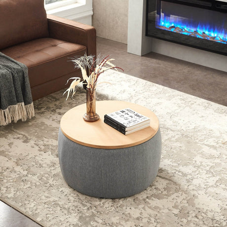 Round Storage Ottoman With Removable Linen Top - Driftwood - Sleep Galleria