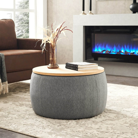 Round Storage Ottoman With Removable Linen Top - Driftwood - Sleep Galleria