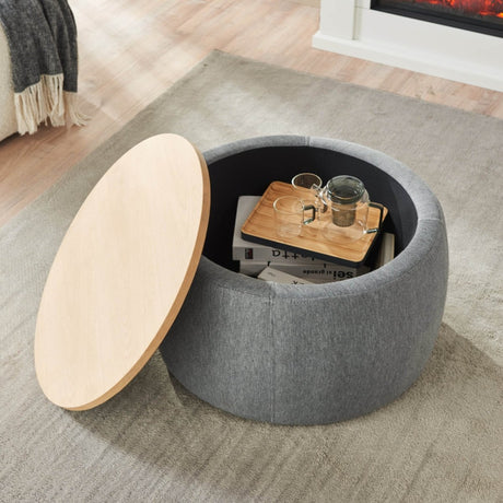 Round Storage Ottoman With Removable Linen Top - Driftwood - Sleep Galleria