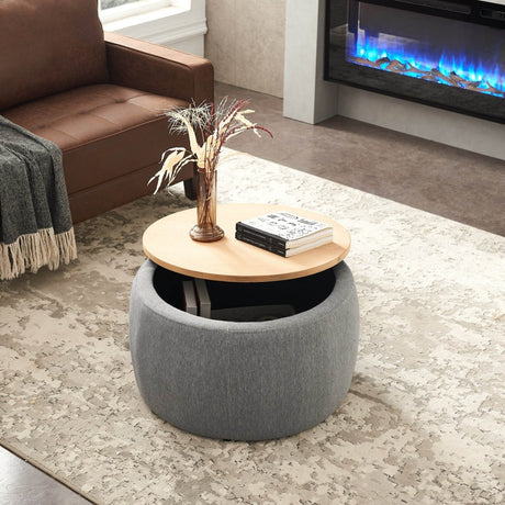 Round Storage Ottoman With Removable Linen Top - Driftwood - Sleep Galleria