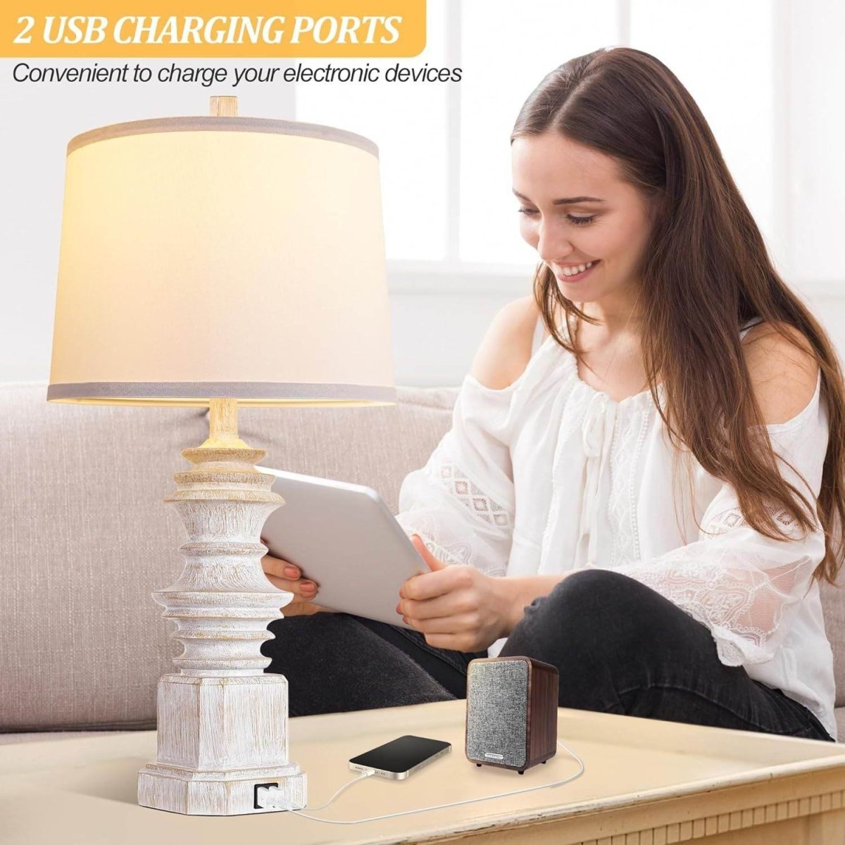 Set Of 2 Farmhouse Resin Table Lamps With USB - Driftwood - Sleep Galleria