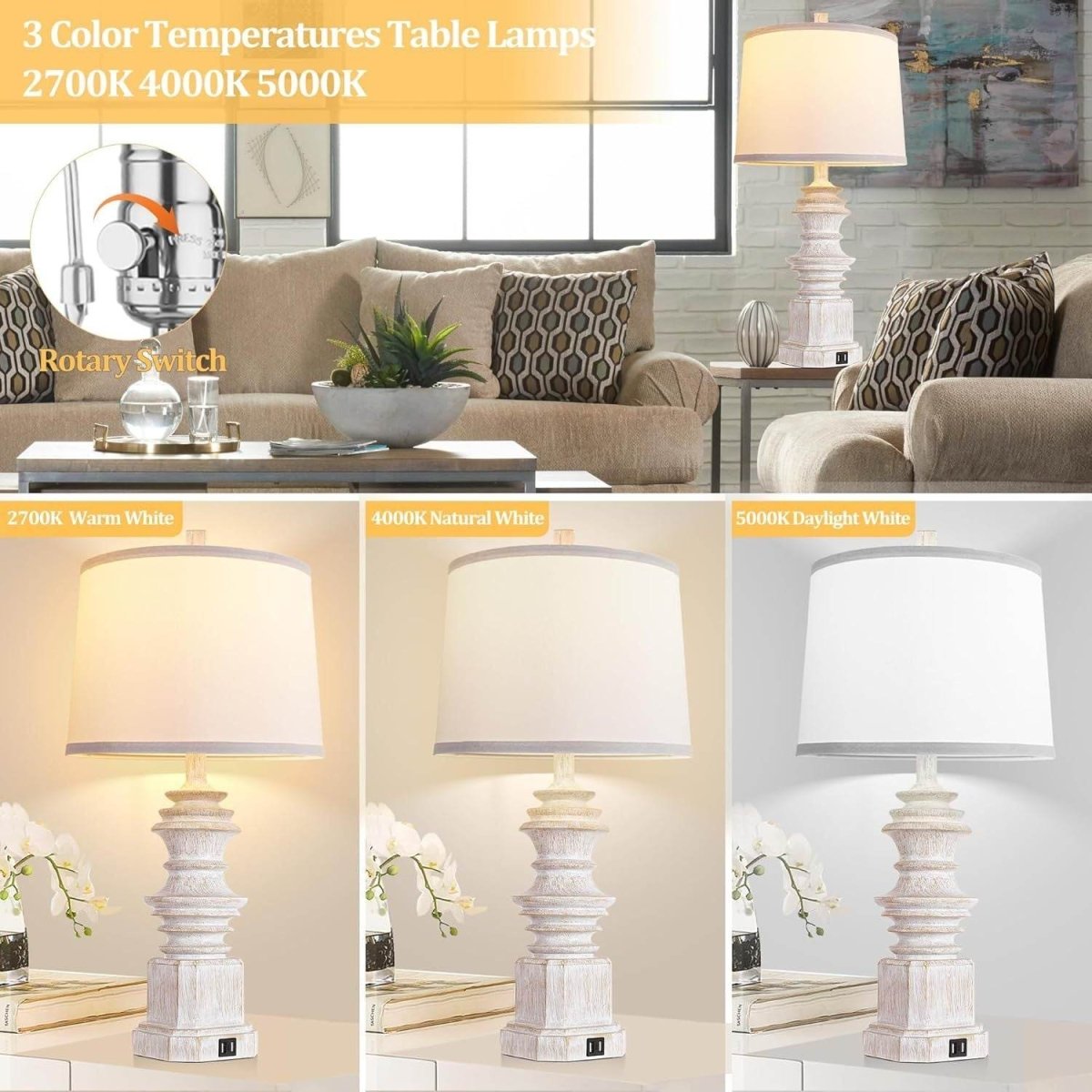 Set Of 2 Farmhouse Resin Table Lamps With USB - Driftwood - Sleep Galleria